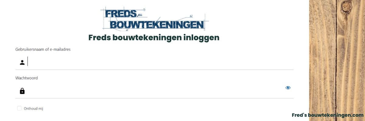 Afbeelding van de inlogpagina van Freds bouwtekeningen met invoervelden voor gebruikersnaam en wachtwoord, en een optie om inloggegevens te onthouden.