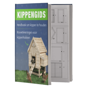 De Kippengids Opengeklapt Inzicht in bouwtekeningen en praktische tips Kippengids met opengeklapt ontwerp, waarbij bouwtekeningen zichtbaar zijn naast de omslag met een houten kippenhok en kippen