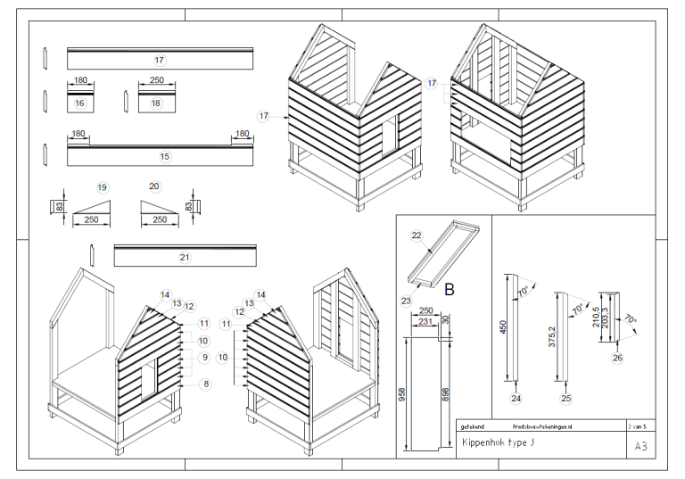 Gedetailleerde Bouwtekening van Kippenhok Type J Gedetailleerde technische bouwtekening van kippenhok type J, met maatvoeringen, zaaglijsten en montage-instructies