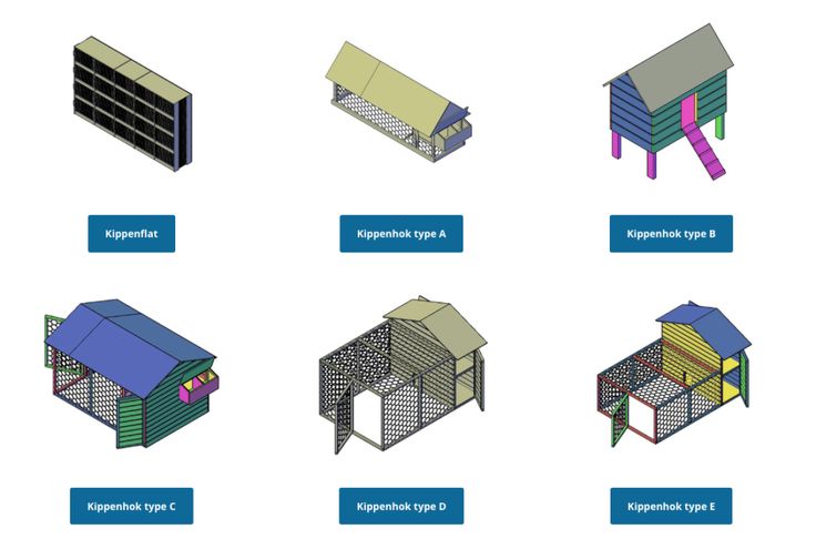 Overzicht van Verschillende Kippenhok Ontwerpen Illustratie van verschillende kippenhokontwerpen, waaronder een kippenflat en meerdere types hokken met variërende stijlen en functies