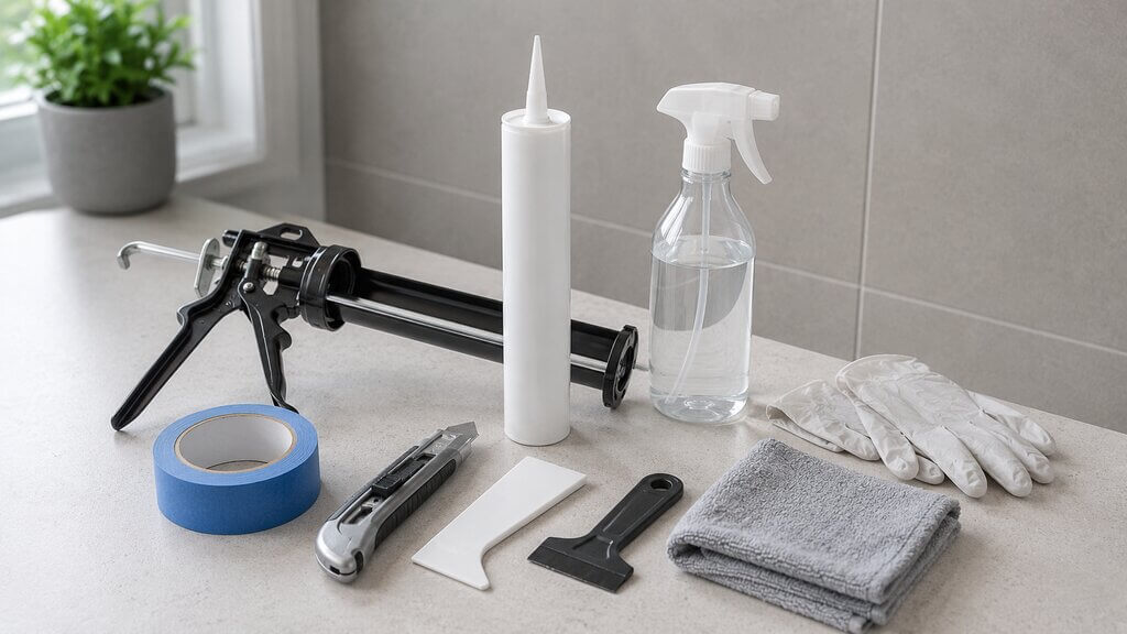 Kitpistool, siliconenkit, tape, mes, ontvetter en doeken voor badkamer opnieuw kitten