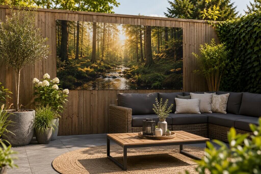 Strak opgehangen tuinposter als sfeervolle decoratie in de tuin